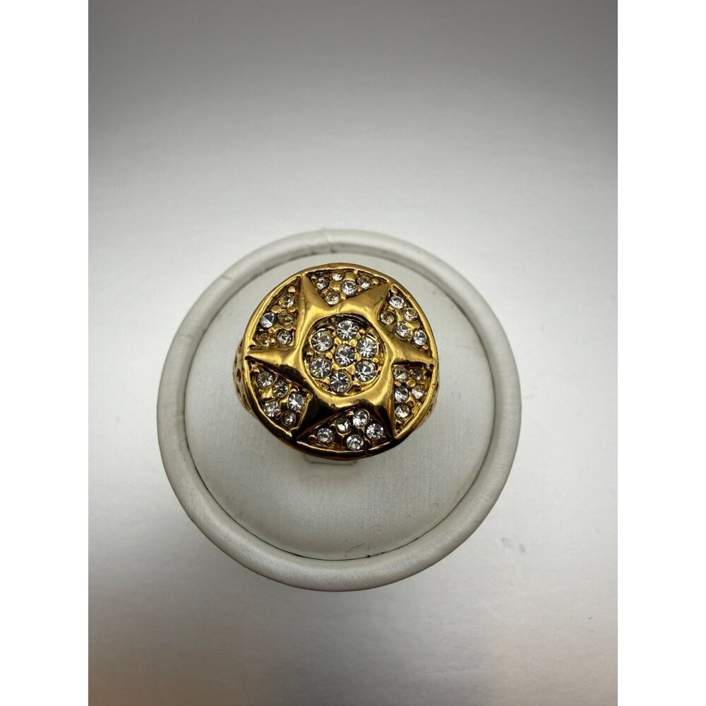 Bold Gold Tone Rhinestone Starburst Signet Ring Size 12 | Vintage Patina Stateme - Picture 11 of 11
